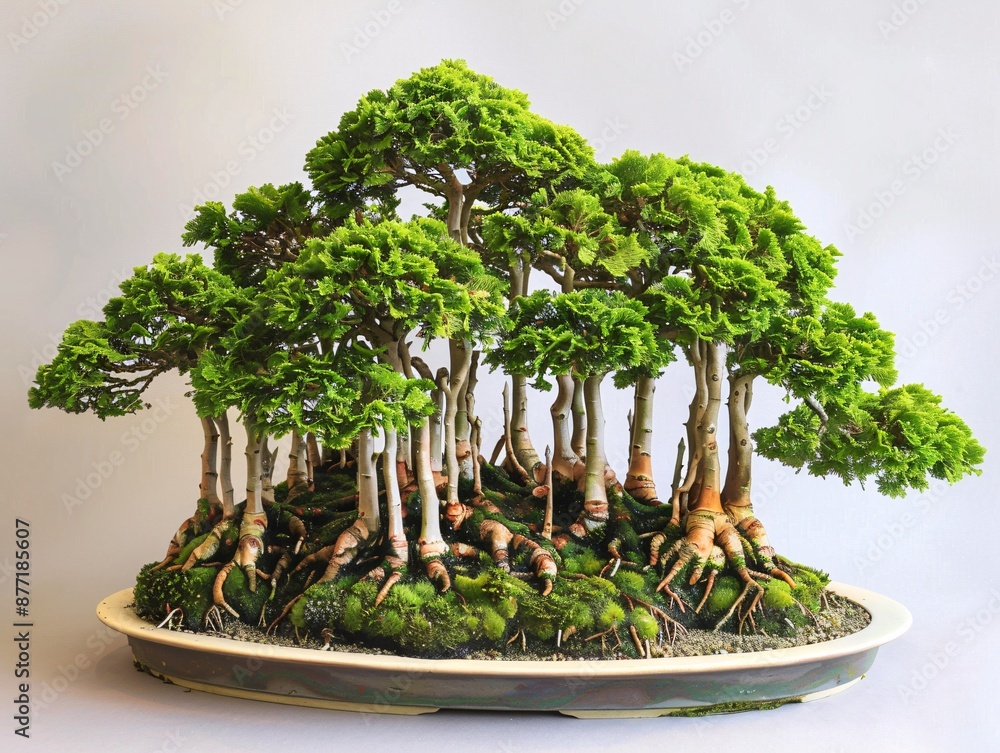 Poster a centered bonsai tree in a clump shape, presented on a white background, emphasizing its cluster of