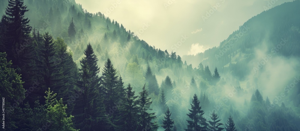 Poster vintage hipster style image of misty mountain landscape with fir forest and ample copy space include