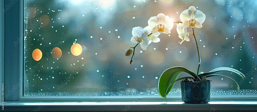 Aufkleber a gorgeous tropical orchid plant in a pot resting on a windowsill with room for a copy space image