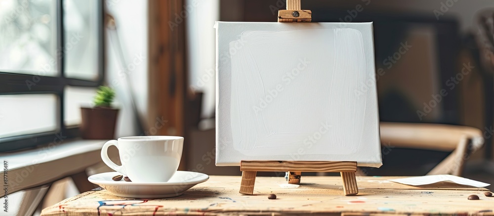 Poster concept of a blank canvas a stand and a coffee cup arranged on a wooden table against a morning back