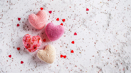 Knitted yarn heart knitting crafting handmade wool romantic soft DIY gift love Valentine Day hobby creative crafts stitch grandmacore flatlay above pattern woolen blank banner background copy space