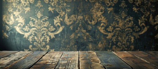 Vintage table with wood surface set against aged wallpaper providing a nostalgic ambiance for any room with copy space image