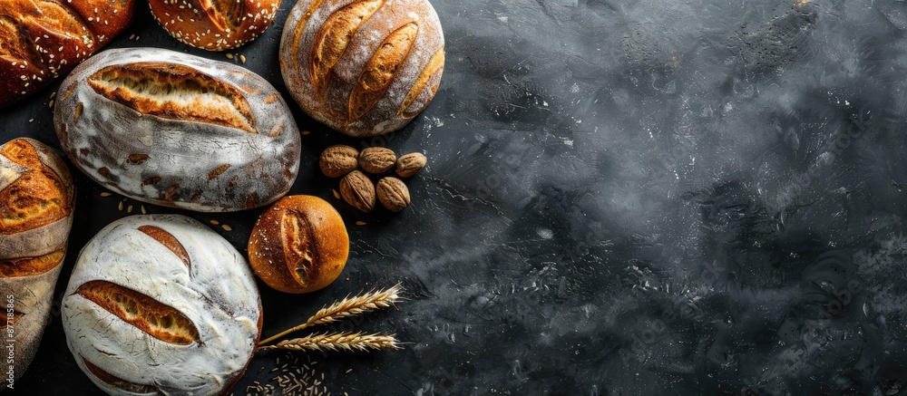 Poster beautiful bread assortment displayed with a dark background in a top view copy space image