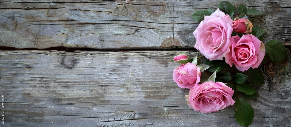 Poster an antique valentine card concept featuring pink roses on a weathered wooden surface with room for t