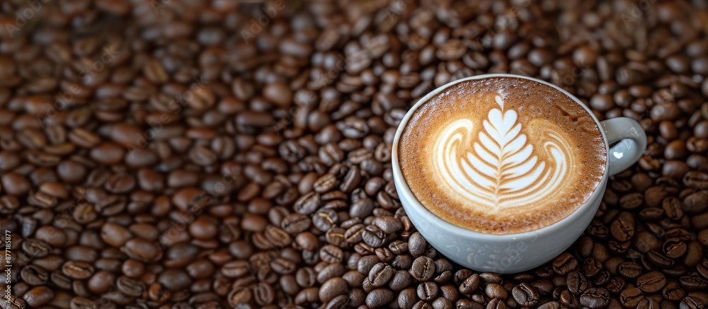 Poster Latte art cup displayed on a coffee bean backdrop with copy space image
