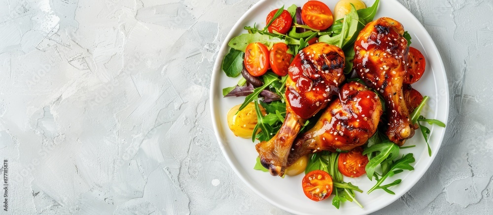 Poster top view of a delicious snack featuring grilled chicken legs in barbecue sauce roasted vegetables an