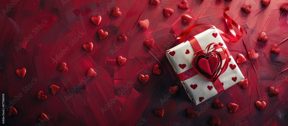 Aufkleber Valentine s day present on a crimson backdrop featuring heart motifs with space for text or other images. with copy space image. Place for adding text or design