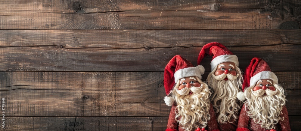 Poster three santas on a wooden backdrop with a copy space image
