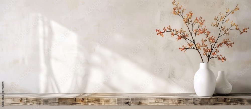 Aufkleber white vase with an autumn bouquet placed on a wooden shelf in a white interior all against a backdro