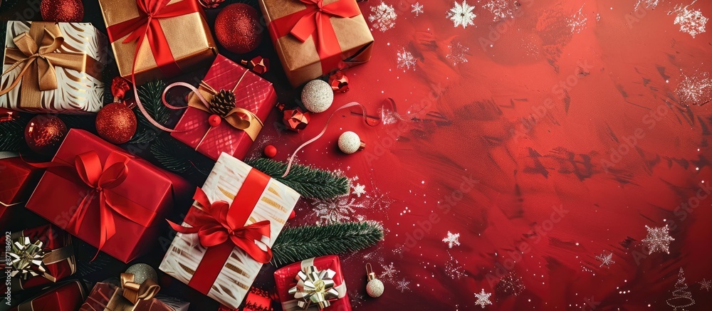 Poster gift boxes filled with holiday presents presented against a background ideal for adding text or imag