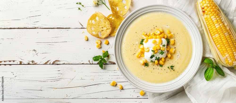 Poster top down view of a white plate holding homemade corn cream soup garnished with sour cream and herbs 