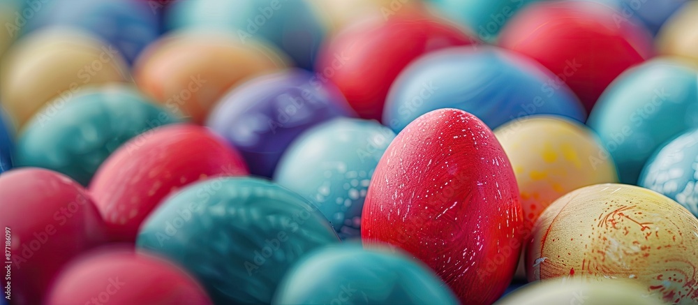 Aufkleber group of assorted colored easter eggs with a prominent red egg in the foreground providing copy spac