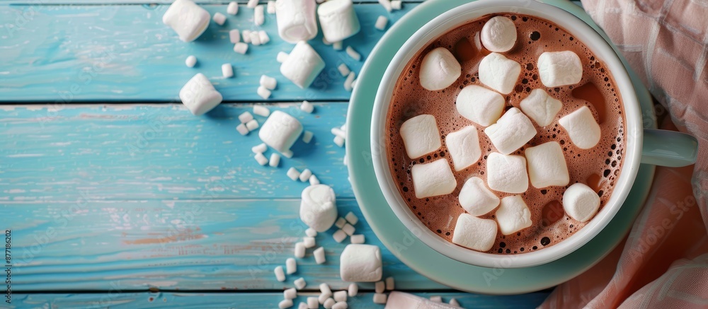 Aufkleber hot chocolate with fluffy marshmallows arranged on a blue wooden surface with ample copy space image