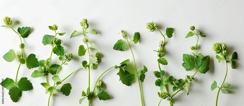 Aufkleber An arrangement of fresh hop sprouts on a plain white backdrop perfect for adding text or images. with copy space image. Place for adding text or design