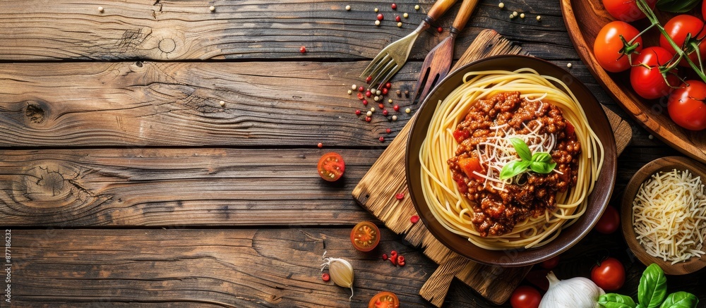 Poster homemade healthy italian spaghetti bolognese on rustic wooden surface with vegetables and minced mea