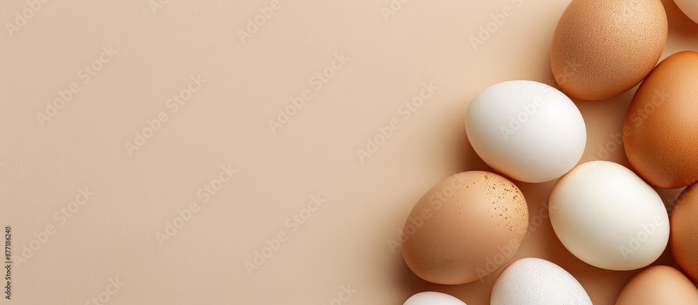 Poster fresh chicken eggs neatly arranged with copy space image on a light beige background