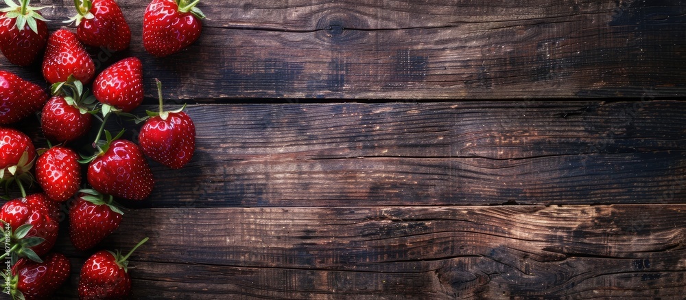 Poster strawberries placed on wooden surface creating a beautifully rustic background with copy space image