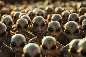 Artistic representation of a crowd of alien beings bathed in the warm glow of a sunset