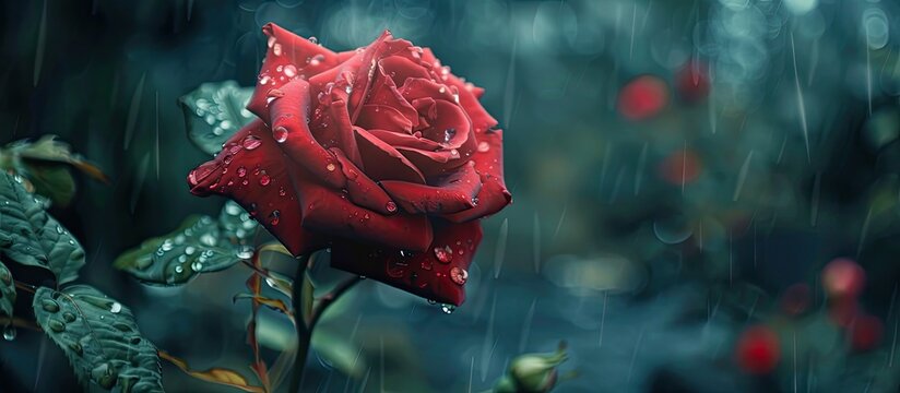 Vibrant red rose like those in Ali Baba s tales blossoming in a garden with a serene rain kissed backdrop perfect for copy space image