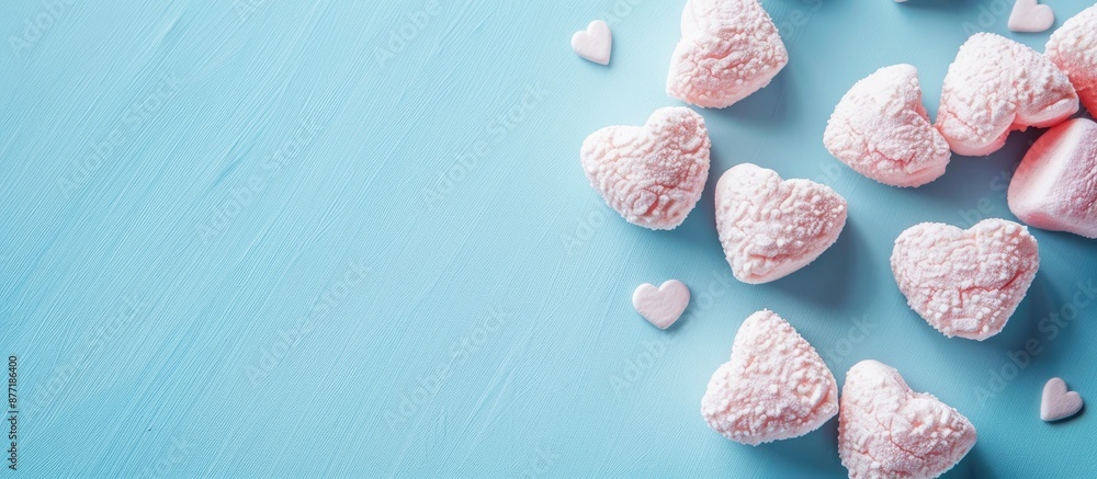 Aufkleber top view of heart shaped marshmallows on a blue background with copy space image