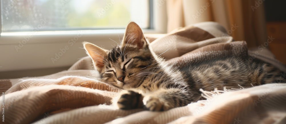 Poster a shorthair kitten relaxes on a brown blanket in a sunny bedroom with a copy space image next to a b
