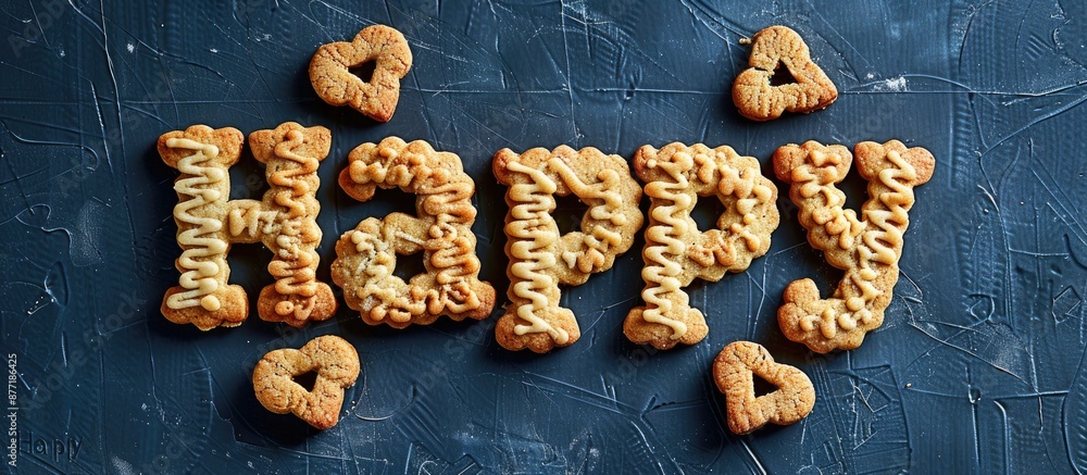 Poster Alphabet shaped homemade cookies arranged to spell Happy on a dark white background expressing the joyous concept of the image with copy space