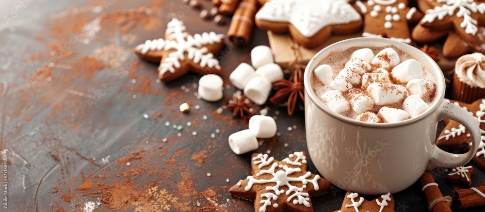 Poster A holiday themed image featuring a cup of hot chocolate marshmallows gingerbread cookies on a table with space for text or logos. with copy space image. Place for adding text or design