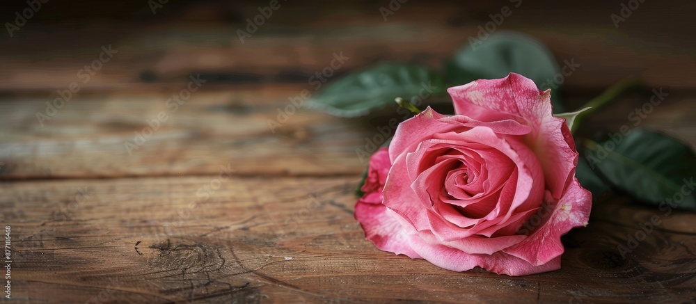 Aufkleber pink rose on a wooden table with a blank area for a picture. with copy space image. place for adding