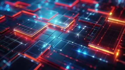 Fototapeta premium Abstract futuristic circuit board with glowing neon lights, perfect for technology, digital, and innovation themes.