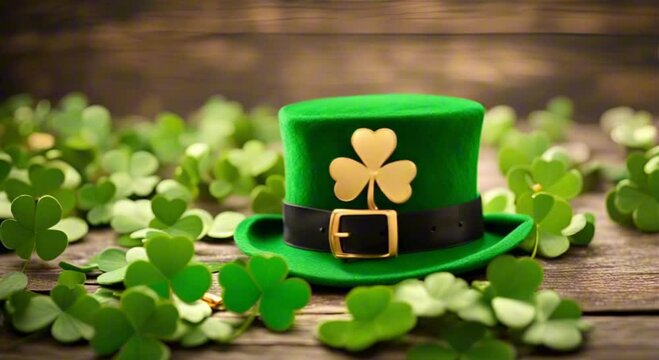 st. patrick's day leprechaun hat with gold buckle and four leaf clovers