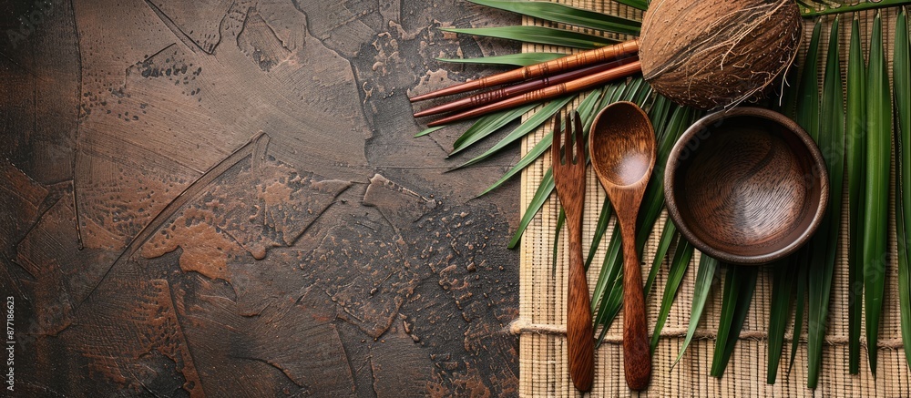 Aufkleber a set of coconut tree utensils including a wooden spoon fork chopsticks and bowl with a rustic feel 