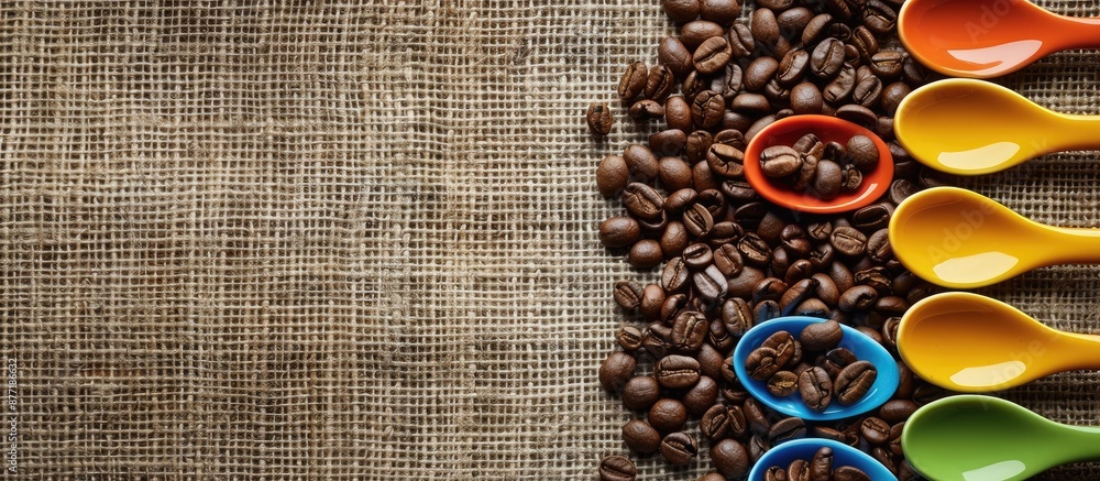 Aufkleber low angle view of dark roasted coffee beans on burlap with colorful kitchen spoons creating a vivid 