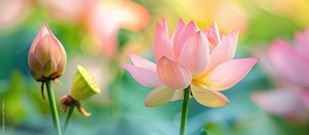 Poster a stunning pink lotus with copy space image set against a backdrop of pink lotus flowers and a yello