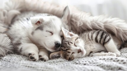 Fototapeta premium Sleeping Puppy and Kitten