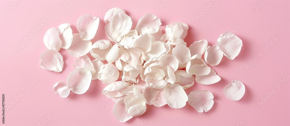 Aufkleber heart shaped peony petals in white placed on a pink background symbolize love in a flat lay top down