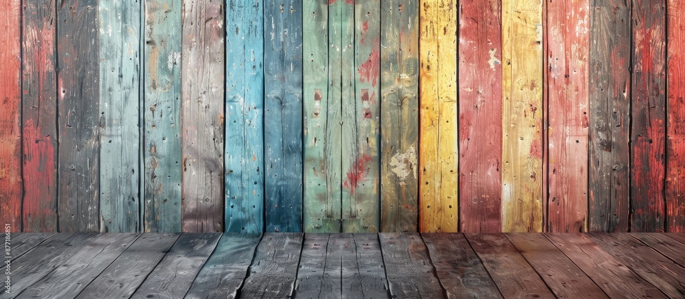 Poster colorful wooden wall with a soft focus texture of old planks can serve as a background for a copy sp