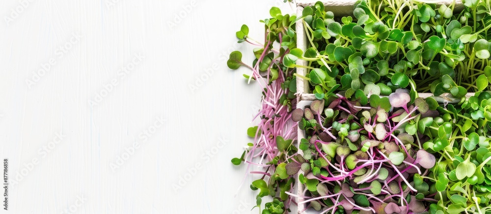 Poster Top view of microgreens and sprouts in a box on a white background with copy space image