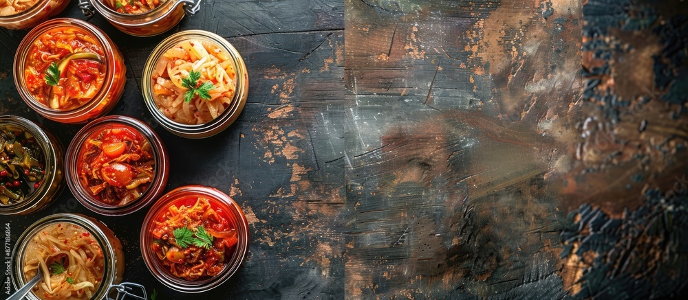 Poster Top view of fermented vegetarian foods like cabbage kimchi and marinated tomatoes in sour glass jars displayed on a rustic kitchen table creating a canned food concept with a copy space image