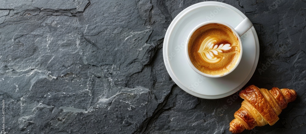 Aufkleber Top down view of an espresso cup with croissants on a stone backdrop offering room for your text in the image. with copy space image. Place for adding text or design
