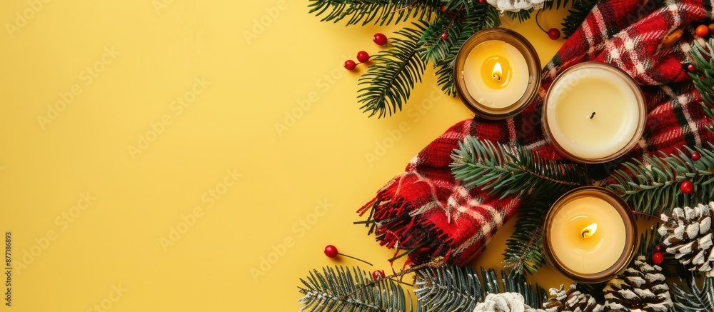 Poster flatlay with festive new year s composition including candles christmas wreath and a cozy soft plaid