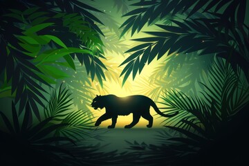 Silhouette of a tiger walking through dense jungle foliage illuminated by soft light, creating a mysterious and serene atmosphere.