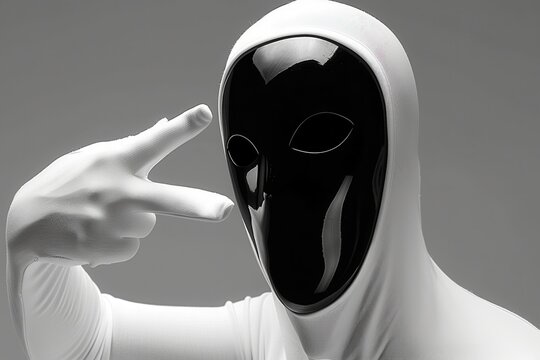 Mysterious figure in black mask and white morph suit makes a gesture, monochrome image with high contrast and abstract feel.