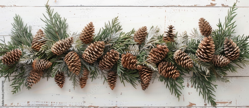 Poster evergreen cones and twigs for christmas decoration arranged on a white wooden table background with 
