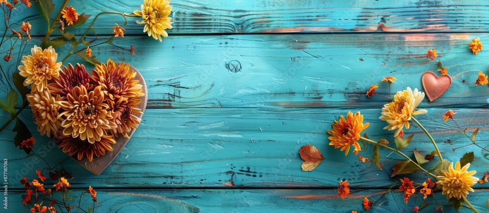Poster Top view of chrysanthemums and heart placed on a weathered turquoise wooden surface with space for additional images