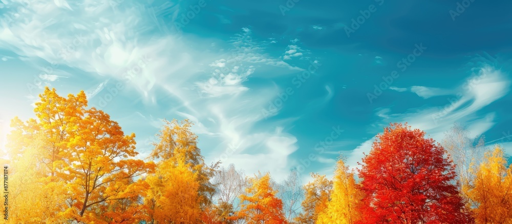 Poster nature background with autumn trees set against a blue sky with copy space image