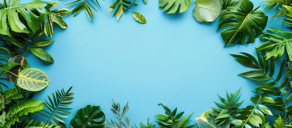 Aufkleber spring themed creative frame featuring various types of green leaves set against a blue backdrop wit