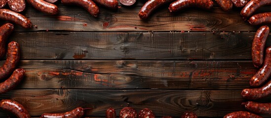 Wooden table with frame constructed of whole sausages in a flat lay composition Ideal for text insertion in the copy space image