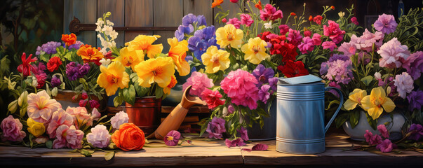 Colourfull garden flowers with watering cans near village cottage.