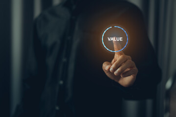 Growth value, Businessman holding virtual process icon progress for increasing value added to...