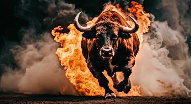 angry raging running bull on fire on black background